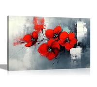 Artley Prints - Abstract Red Flowers Rustic Grey Framed Canvas Pictures Flower Print for Living Room Décor Nature Home Office Extra Large 101 x 76cm (40 x 30 inches)