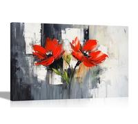 Artley Prints - Abstract Rustic Red Flower Canvas Wall Art Framed Floral Pictures Contemporary Prints Perfect for Flower Lovers 40 x 30cm (16 x 12 inches) A3