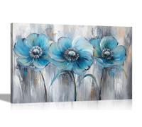 Artley Prints - Abstract Sky Blue Flowers Grey Rustic Canvas Wall Prints Living Room Floral Artwork Bedroom Office Hallway Art Pictures 101 x 76cm (40 x 30 inches)