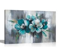 Artley Prints - Abstract Teal and White Flowers Canvas Wall Art Pictures Home Decor Artwork Floral Bedroom Oil Painting Pictures 51 x 35cm (20 x 14 inches)