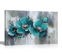 Artley Prints - Abstract Teal Flowers Grey Rustic Canvas Wall Art Prints Living Room Floral Pictures Bedroom Hallway Artwork 51 x 35cm (20 x 14 inches)