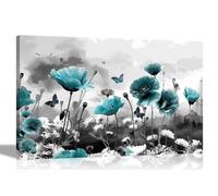 Artley Prints - Abstract Teal Poppy Flowers and Butterflies Canvas Wall Art Pictures Living Room Prints Bedroom Hallway Decor Artwork 60 x 40cm (24 x 16 inches) A2