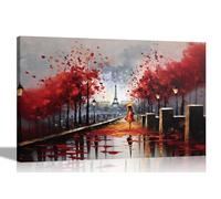 Artley Prints - Alone on a Wet Paris Day Red Large Colourful Canvas Pictures for Wall in Living Room, Bedroom, Hallway, Kitchen Abstract 86 x 61cm (34 x 24 inches) A1