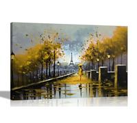 Artley Prints - Alone on a Wet Paris Day Yellow Extra Large Colourful Canvas Wall Art for Living Room - Framed Abstract Pictures to Hang in Bedroom, 101 x 76cm (40 x 30 inches)