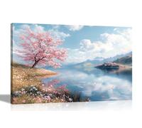 Artley Prints - Autumn Lake Mountain Landscape Pink Tree Canvas Prints Framed Wall Art Scenery Pictures Home Office Living Room 76 x 50cm (30 x 20 inches)