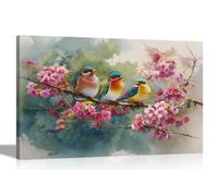 Artley Prints - Birds on Purple Blossoming Branch Canvas Prints Framed Wall Art Flower Pictures Home Conservatory Decoration 60 x 40cm (24 x 16 inches) A2