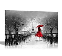 Artley Prints Black and White Calm Of The Rain in Paris Red Canvas Wall Art for Living Room - Framed Abstract Pictures to Hang in Bedroom, Hallway 51 x 35cm (20 x 14 inches)