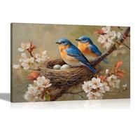 Artley Prints - Blue Birds in Nest White Flowers Canvas Wall Art For Home Office Conservatory Gardening Prints Pictures To Hang 40 x 30cm (16 x 12 inches) A3