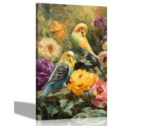 Artley Prints - Budgies Sitting in Colourful Garden Canvas Wall Art Prints Nature Decor Home Living Room Framed Pictures Artwork 40 x 30cm (16 x 12 inches) A3