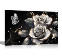 Artley Prints - Butterfly Silver Roses Hints of Gold Canvas Wall Art For Home Office Conservatory Gardening Prints Ready to Hang Pictures Extra Large 101 x 76cm (40 x 30 inches)