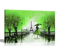 Artley Prints - Calm Of The Rain in Paris Green Extra Large Canvas Pictures for Wall in Living Room, Bedroom, Hallway, Abstract City Print 101 x 76cm (40 x 30 inches)