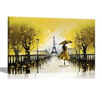 Artley Prints - Calm Of The Rain in Paris Yellow Canvas Wall Art Prints | Abstract City Pictures | Framed and Ready to Hang Contemporary Style 40 x 30cm (16 x 12 inches) A3