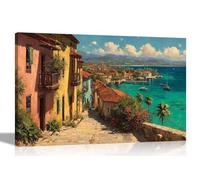 Artley Prints - Caribbean Coast Town Ocean View Canvas Prints Landscape Wall Art Pictures for Living Room Décor Ready to Hang 76 x 50cm (30 x 20 inches)