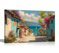 Artley Prints - Caribbean Landscape Town Ocean View Colourful Canvas Prints Pictures for Living Room Conservatory Hallway Home Large 86 x 61cm (34 x 24 inches) A1