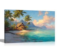 Artley Prints - Caribbean Mountain Tropical Hut Canvas Prints Landscape Pictures for Living Room Décor Ready to Hang 40 x 30cm (16 x 12 inches) A3