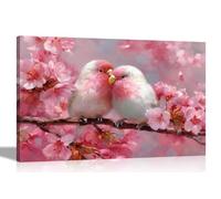 Artley Prints - Cherry Blossom Tree Parrots in Love Canvas Wall Art For Home Office Conservatory Gardening Prints Ready to Hang 51 x 35cm (20 x 14 inches)