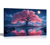 Artley Prints - Cherry Tree Moon Light Lake Landscape Canvas Prints for Living Room Décor Wall Art Pictures Great Home Gift Extra Large 101 x 76cm (40 x 30 inches)