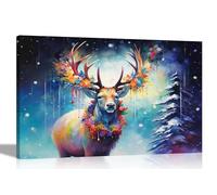 Artley Prints - Christmas Decoration Reindeer Canvas Wall Pictures Framed Art Prints for Hanging Colourful Animal Decor Extra Large 101 x 76cm (40 x 30 inches)