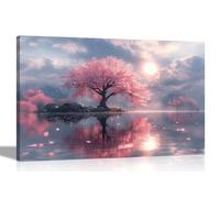 Artley Prints - Cloudy Lake View Pink Cherry Tree Sunset Canvas Prints Wall Art Pictures for Home Living Room Bar Bedroom Hallway 60 x 40cm (24 x 16 inches) A2
