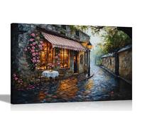 Artley Prints - Cobble Road Village Cafe Roses Framed Canvas Wall Art Prints For Home Office Living Room Conservatory Pictures 60 x 40cm (24 x 16 inches) A2