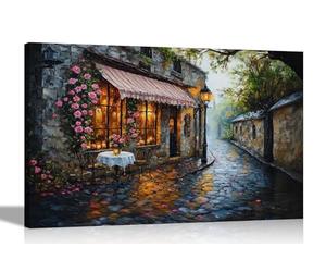 Artley Prints - Cobble Road Village Cafe Roses Framed Canvas Wall Art Prints For Home Office Living Room Conservatory Pictures Extra Large 101 x 76cm (40 x 30 inches)