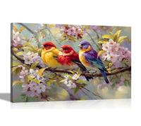 Artley Prints - Colourful Birds on Branch pink Leaves Canvas Prints Modern Home Conservatory Wall Art Perfect for Animal Lovers Large 86 x 61cm (34 x 24 inches) A1