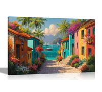 Artley Prints - Colourful Caribbean Town Ocean ViewCanvas Wall Art Landscape Print for Living Room Décor Pictures Great Gift 40 x 30cm (16 x 12 inches) A3