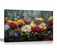 Artley Prints - Colourful Flowers Insects Misty Forest Canvas Prints Framed Wall Art Flower Pictures Home Conservatory Decoration 76 x 50cm (30 x 20 inches)