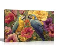 Artley Prints - Colourful Macaw Parrots Exotic Flowers Canvas Wall Art Framed Floral Pictures Contemporary Prints Home Conservatory Decor 76 x 50cm (30 x 20 inches)