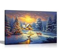 Artley Prints - Country House Christmas Trees and Deers Canvas Art Prints Oil Painting Reprint Framed and Ready to Hang Extra Large 101 x 76cm (40 x 30 inches)