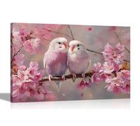 Artley Prints - Couple Budgies Pink Cherry Tree Canvas Wall Art Flower Print for Living Room Décor Ready to Hang Pictures 30 x 20cm (12 x 8 inches) A4
