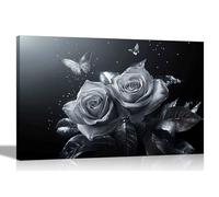 Artley Prints - Dust Silver Roses Butterflies Canvas Prints Pictures for Living Room Conservatory Hallway Home Office Hanging Extra Large 101 x 76cm (40 x 30 inches)