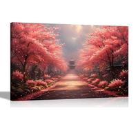 Artley Prints - Footpath to Japanese Temple Pink Blossom Trees Canvas Wall Art Prints For Office Home Hallway Landscape Pictures 60 x 40cm (24 x 16 inches) A2