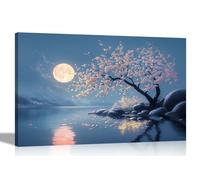 Artley Prints - Full Moon White Blossom lake Tree Canvas Pictures for Wall Modern Framed Oil Painting Prints Home Conservatory Extra Large 101 x 76cm (40 x 30 inches)