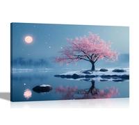 Artley Prints - Fullmoon Starry Night Pink Tree Lake Canvas Prints For Living Room Bedroom Landscape Wall Art Pictures 40 x 30cm (16 x 12 inches) A3