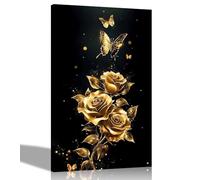 Artley Prints - Gold Roses and Butterflies Canvas Wall Art Pictures for Living Room Conservatory Hallway Bedroom Prints Décor 76 x 50cm (30 x 20 inches)