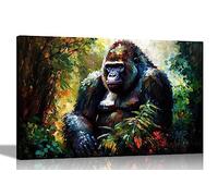 Artley Prints - Gorilla Sitting In Forest Colourful Canvas Wall Art for Living Room - Framed Abstract Pictures to Hang in Bedroom, Hallway Extra Large 101 x 76cm (40 x 30 inches)