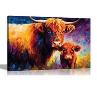 Artley Prints - Highland Cow and Child Colourful wall canvas for living room - Abstract Abstract Prints Framed Artwork Large 86 x 61cm (34 x 24 inches) A1