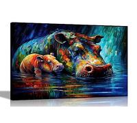 Artley Prints - Hippo in Pond with Infant Abstract Canvas Pictures for Living Room, Bedroom, Hallwayor Kitchen - Colourful Prints 40 x 30cm (16 x 12 inches) A3