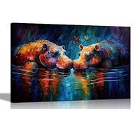 Artley Prints - Hippos in Love Kissing Abstract Colourful Canvas Prints for Bedroom, Living Room, Kitchen - Wall Art Animal Pictures Extra Large 101 x 76cm (40 x 30 inches)