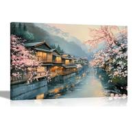 Artley Prints - Japanese Mountain Villiage River Pink trees Canvas Prints Wall Art Pictures for Home Living Room Bedroom Centerpiece Large 86 x 61cm (34 x 24 inches) A1
