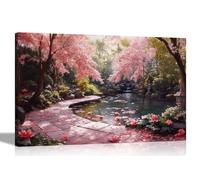 Artley Prints - Japanese Style Summer Garden Pond Pink Trees Canvas Wall Art Prints Framed Pictures for Living Room Bedroom Home 60 x 40cm (24 x 16 inches) A2