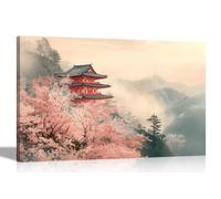 Artley Prints - Japanese Temple Misty Mountain Pink Trees Canvas Wall Art Prints Landscape Pictures for Living Room Home Decor Extra Large 101 x 76cm (40 x 30 inches)