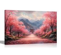 Artley Prints - Japanese Temple Path Cherry Trees Mountains Canvas Wall Art Prints Pictures for Living Room Conservatory Hallway Decor 40 x 30cm (16 x 12 inches) A3
