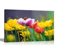 Artley Prints - Ladybird on Colourful Tulip Flowers Framed Canvas Wall Pictures Living Room Conservatory Hallway Decoration Art Prints 40 x 30cm (16 x 12 inches) A3