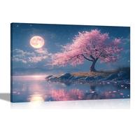 Artley Prints - Lake Mountain Pink Tree Full Moon Canvas Prints Landscape Wall Art for Living Room Hallway Bedroom Home Office Extra Large 101 x 76cm (40 x 30 inches)