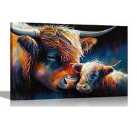 Artley Prints - Loving Highland Cow And Infant Colourful Canvas Pictures for Living Room - Wall Art for Bedroom, Hallway - Modern Prints Extra Large 101 x 76cm (40 x 30 inches)