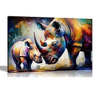 Artley Prints - Loving Rhino Mum and Child Abstract Canvas Wall Art for Living Room, Bedroom, Hallway - Ready to Hang Prints - Extra Large 101 x 76cm (40 x 30 inches)