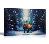 Artley Prints - Magical Reindeer in Forest Canvas Wall Art Prints Home Decor Christmas Framed Pictures Colourful Painting Reprint 60 x 40cm (24 x 16 inches) A2