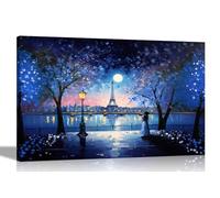 Artley Prints - Moonlight Eiffel Tower Blue Canvas Wall Art Prints | Abstract City Pictures | Framed and Ready to Hang 76 x 50cm (30 x 20 inches)